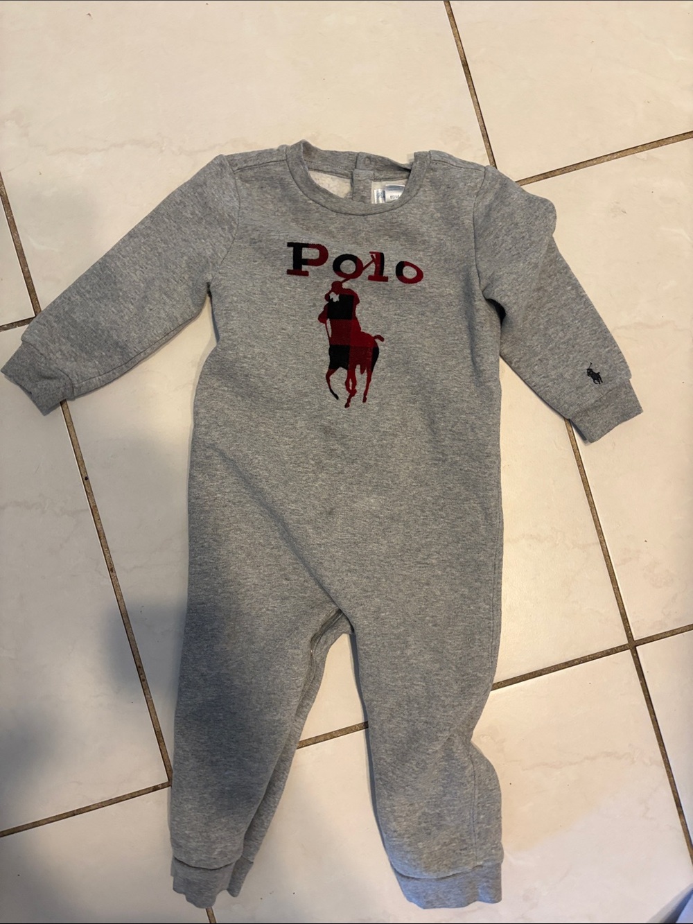 Polo by Ralph Lauren Gray Long-Sleeve Baby One-Piece with Red Logo